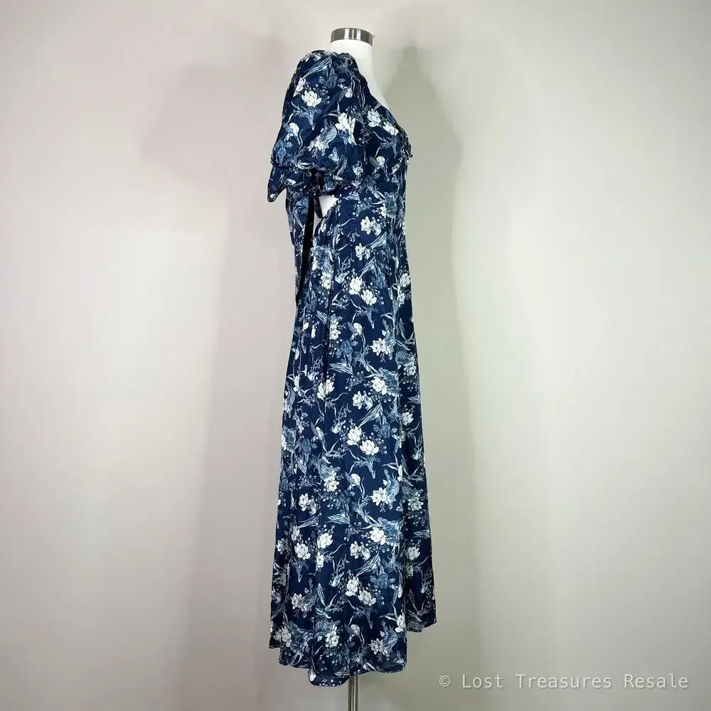 Abercrombie | Floral Drama Puff Sleeve Maxi Dress Open Tie Back Blue White Small